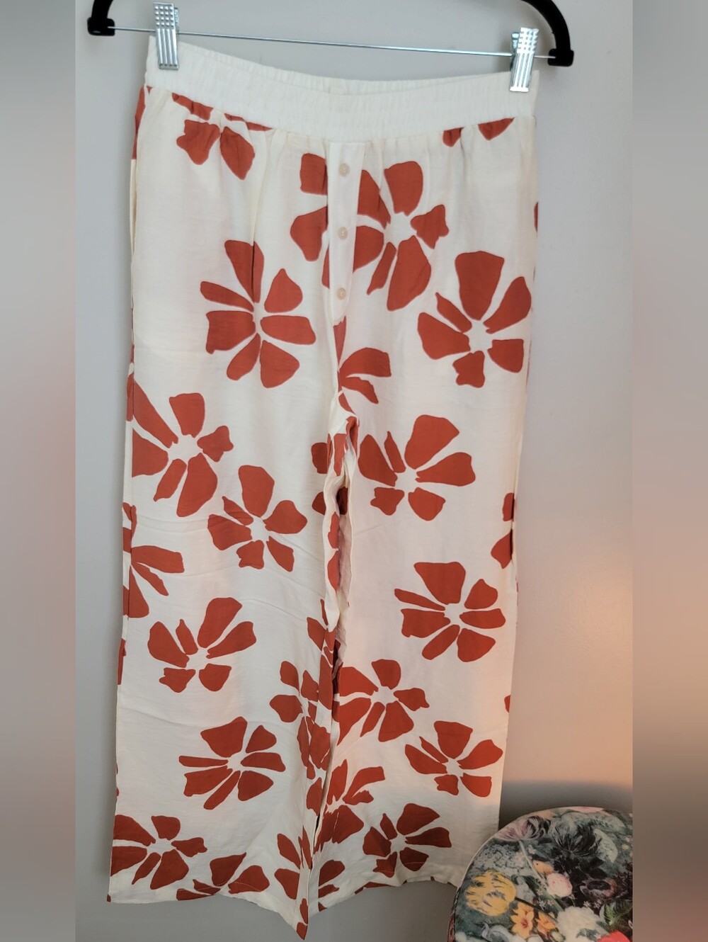 BiBi Cream Straight Leg Pants with Terracotta Floral Print Size S